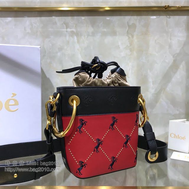 Chloe女包 克洛伊經典小馬刺繡鉚釘系列拼色水桶包 Chole手提肩背斜挎包  jjh1310
